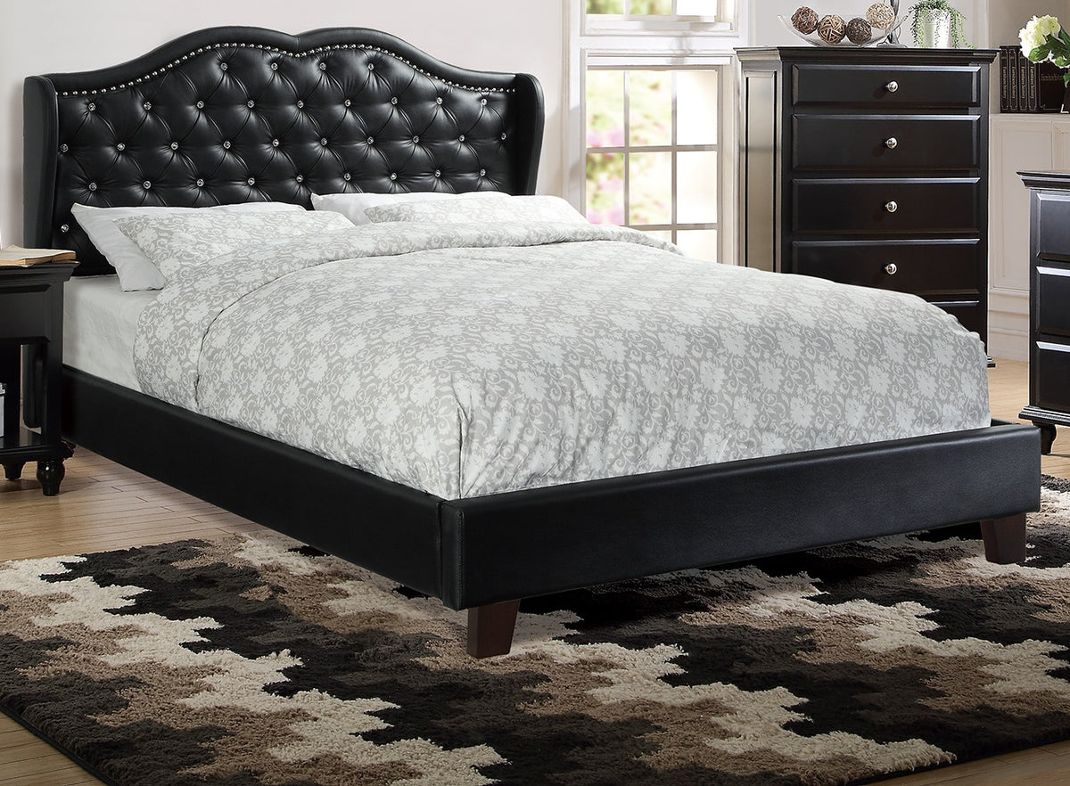1pc Eastern King Size Bed Set Curved Wingback Headboard Button Tufted Upholstered Bedroom Furniture Black Finish