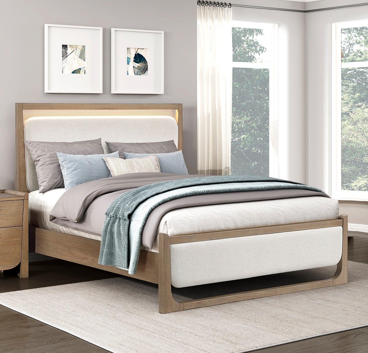1pc Modern Light Brown Finish Upholstered LED Bed Queen Size Stunning Design Wooden Bedroom Furniture