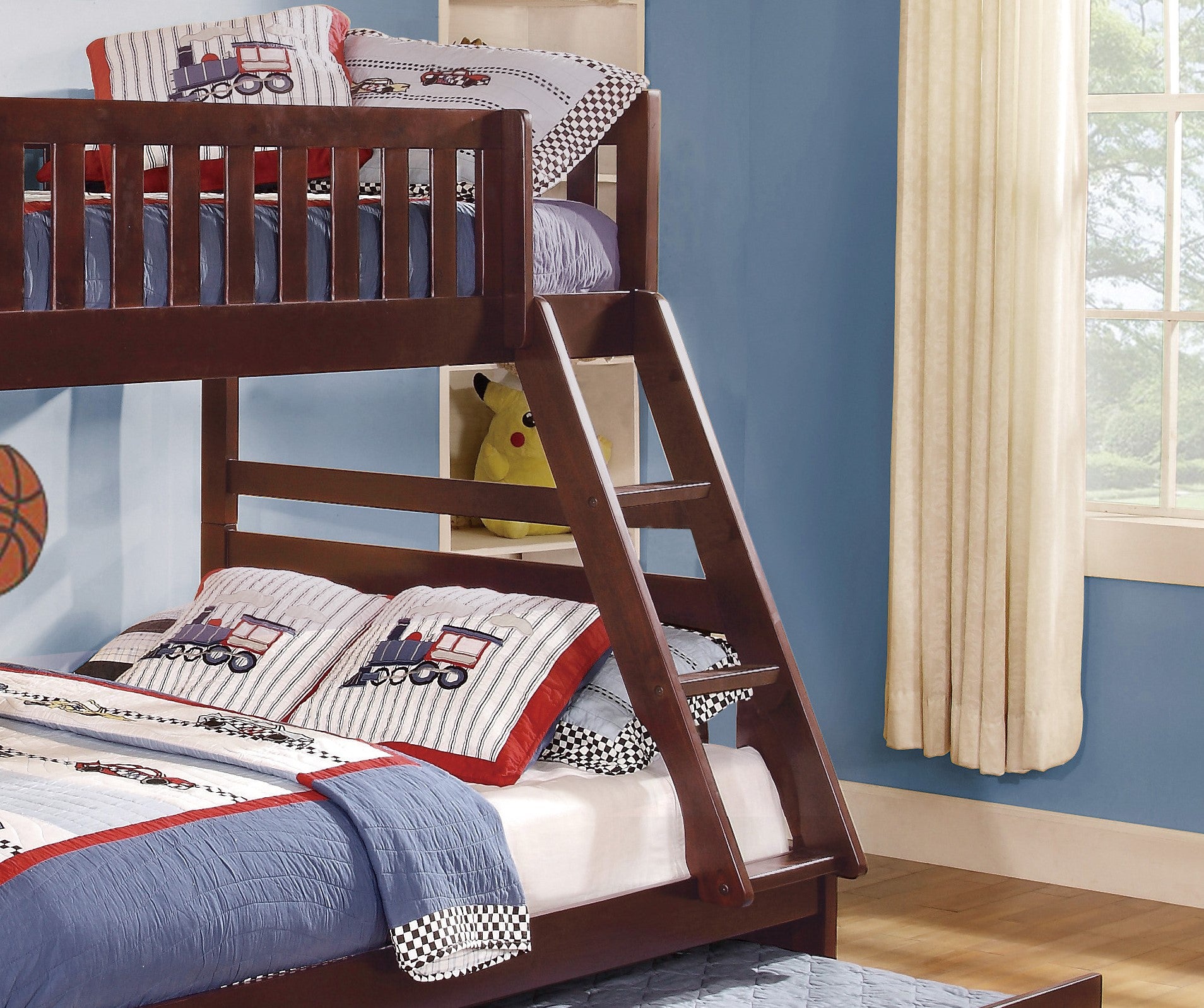 1pc Twin/Full Bunk Bed with Twin Trundle Dark Cherry Finish Wooden Bedroom Furniture
