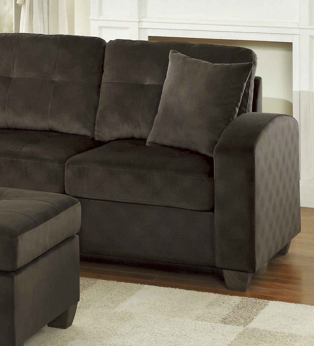 3-Piece Reversible Sectional with Chaise Ottoman Tufted Detail Chocolate Microfiber Upholstered Modern Living Room Furniture L-Shape Sofa