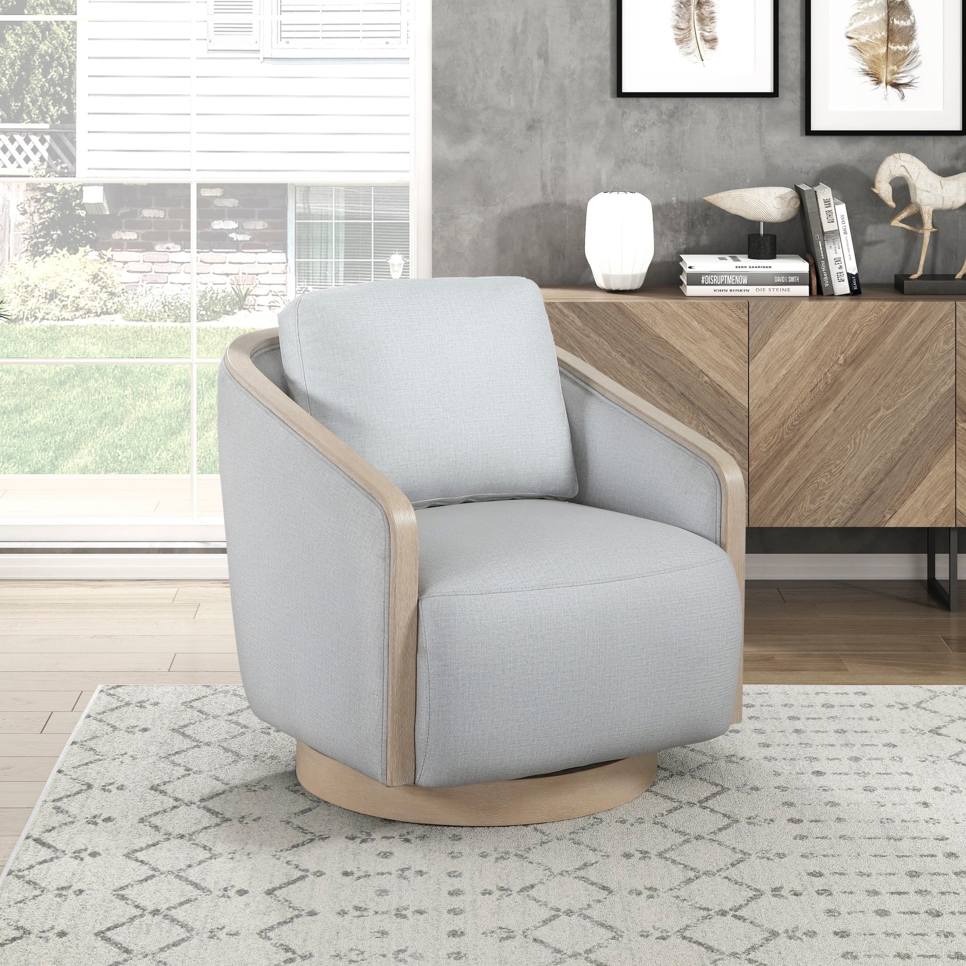 Gray Accent Chair Modern Living Room Furniture, 1pc Swivel Lounge Chair Luxury Comfort Wood Trim Arm