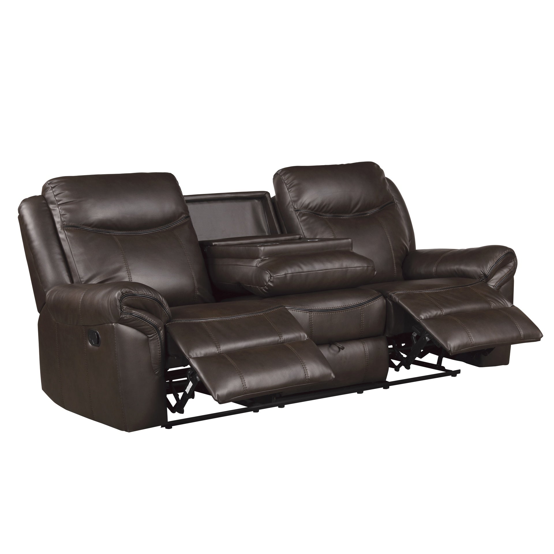 Dark Brown 1pc Double Reclining Sofa w/ Drop Down Cup Holders, Power Outlets USB Ports Hidden Drawer Faux Leather Upholstery Comfortable Sofa Living Room Furniture