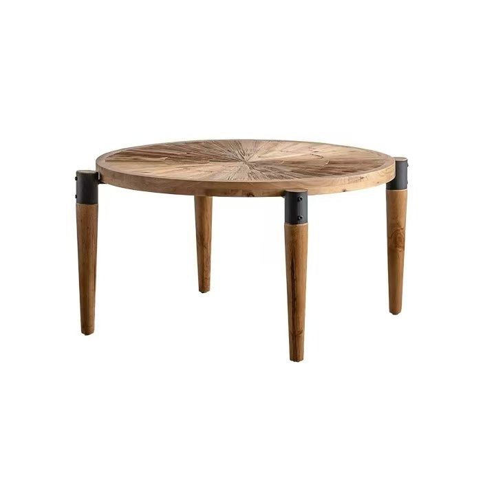 36.22" Round Radial Grain Coffee Table - Solid Wood & MDF Rustic Coffee Table with Black Accent Legs, Natural Wood Finish for Living Room