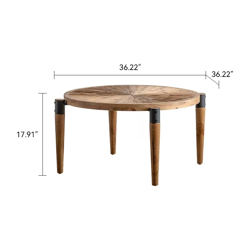36.22" Round Radial Grain Coffee Table - Solid Wood & MDF Rustic Coffee Table with Black Accent Legs, Natural Wood Finish for Living Room