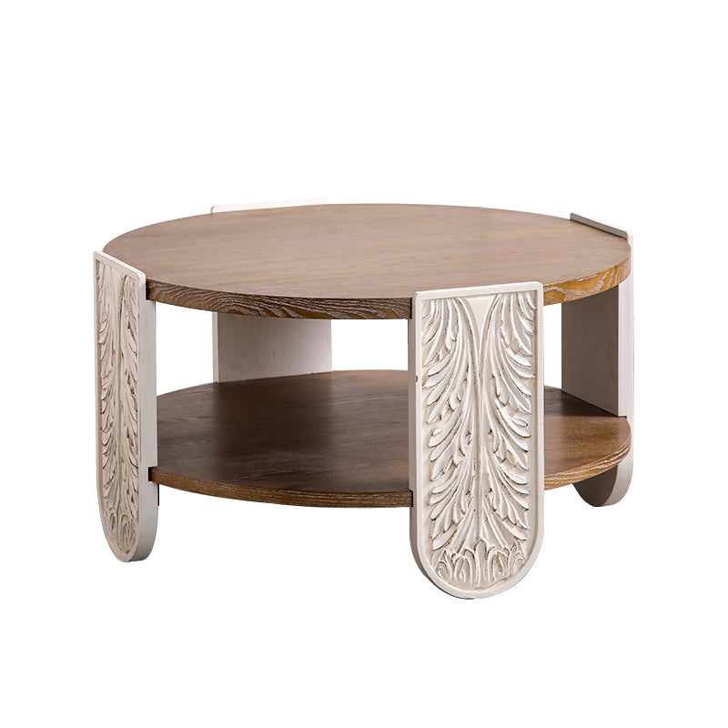 Carved Wooden Coffee Table, Retro End Table with Double-Layer Storage, Small Side Table for Living Room, Palace Style Bedside Table for Small Spaces