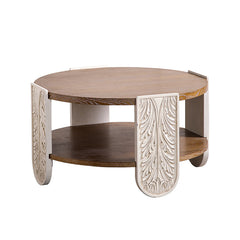 Carved Wooden Coffee Table, Retro End Table with Double-Layer Storage, Small Side Table for Living Room, Palace Style Bedside Table for Small Spaces