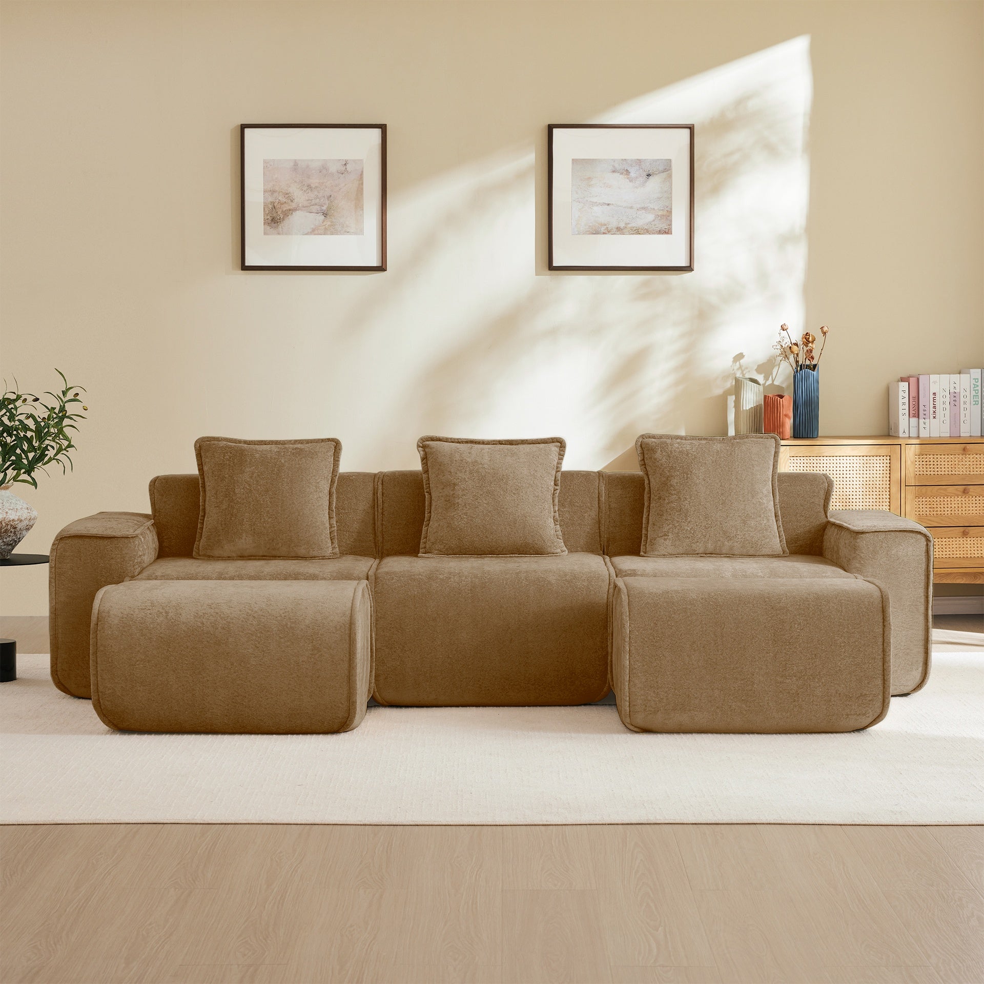 Streamlined Design Modular 3 Seat U Shape Sectional Boneless Sofa with French Edge Piping, No Assembly Required,3-Seat Sofa Couch with Throw Pillows and 2 Movable Ottomans, Velvet Fabric Brown