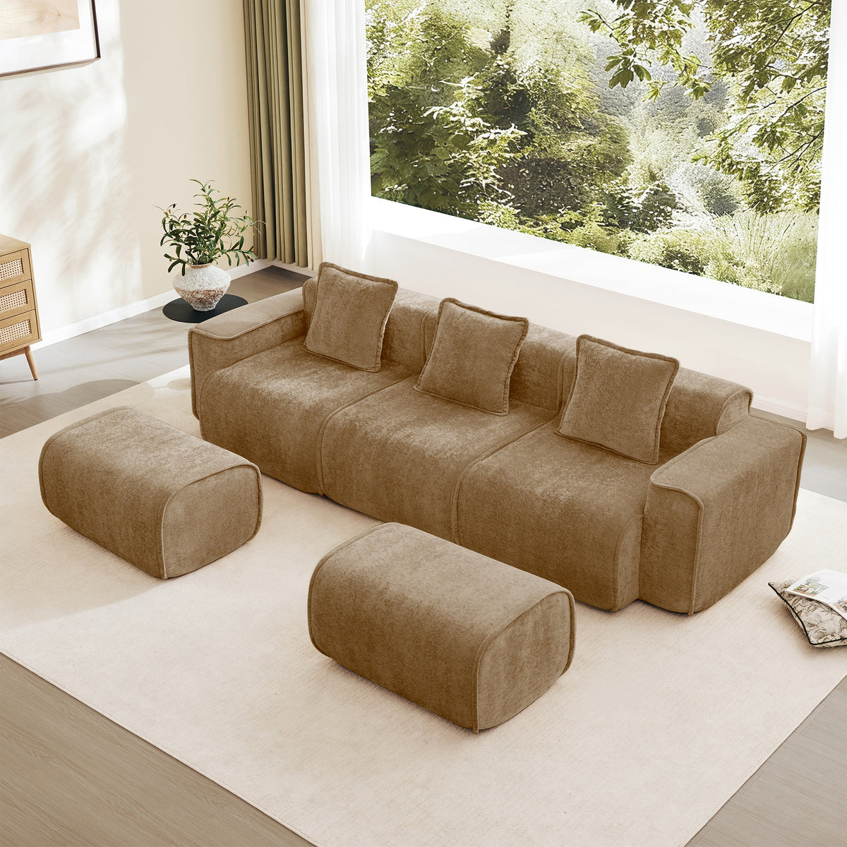 Streamlined Design Modular 3 Seat U Shape Sectional Boneless Sofa with French Edge Piping, No Assembly Required,3-Seat Sofa Couch with Throw Pillows and 2 Movable Ottomans, Velvet Fabric Brown