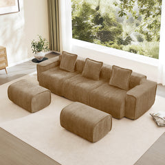 Streamlined Design Modular 3 Seat U Shape Sectional Boneless Sofa with French Edge Piping, No Assembly Required,3-Seat Sofa Couch with Throw Pillows and 2 Movable Ottomans, Velvet Fabric Brown
