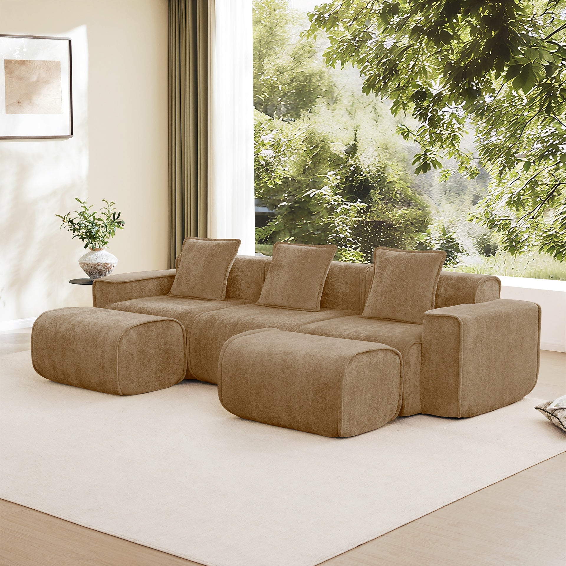 Streamlined Design Modular 3 Seat U Shape Sectional Boneless Sofa with French Edge Piping, No Assembly Required,3-Seat Sofa Couch with Throw Pillows and 2 Movable Ottomans, Velvet Fabric Brown