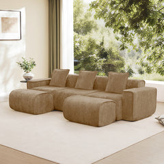 Streamlined Design Modular 3 Seat U Shape Sectional Boneless Sofa with French Edge Piping, No Assembly Required,3-Seat Sofa Couch with Throw Pillows and 2 Movable Ottomans, Velvet Fabric Brown