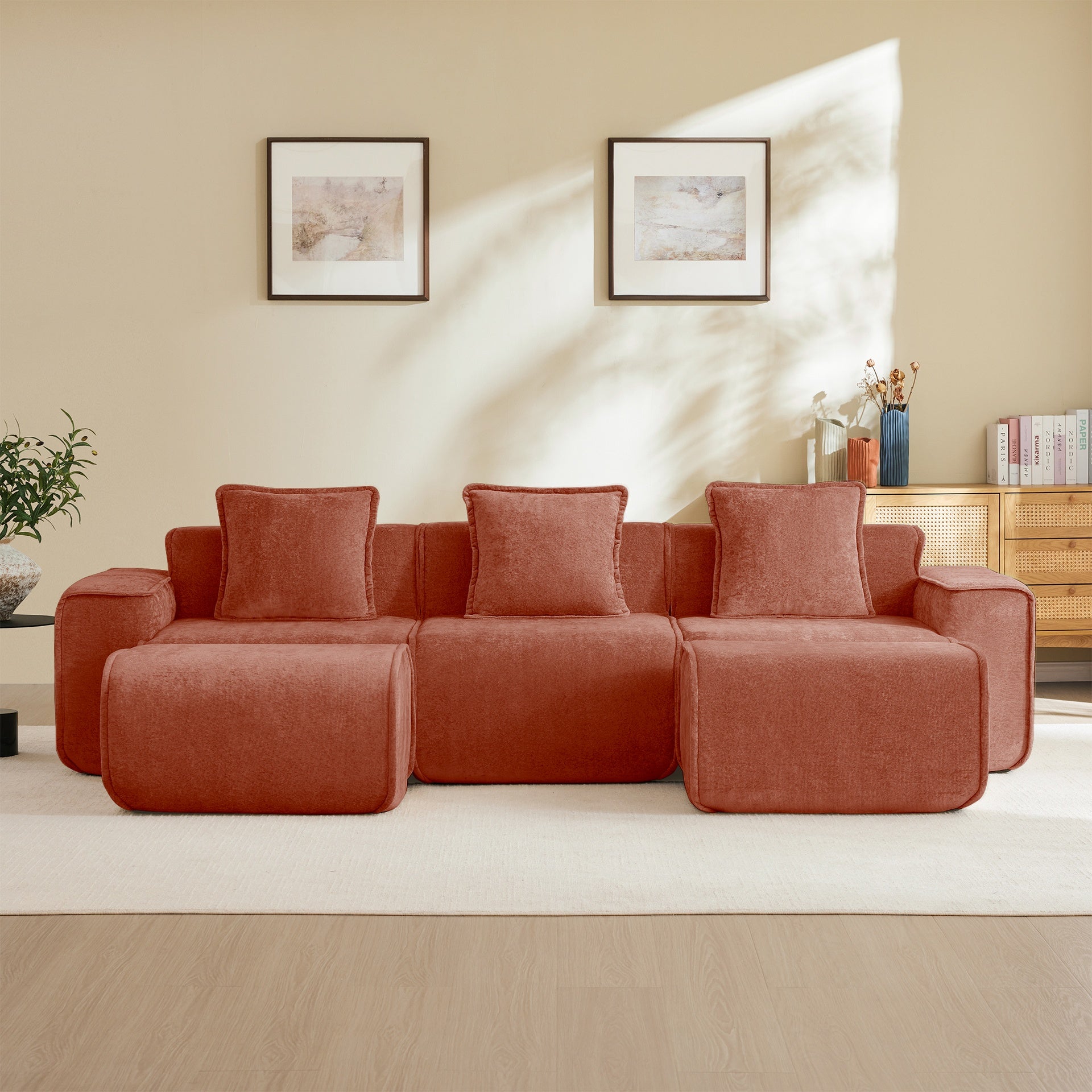 Streamlined Design Modular 3 Seat U Shape Sectional Boneless Sofa with French Edge Piping, No Assembly Required,3-Seat Sofa Couch with Throw Pillows and 2 Movable Ottomans, Velvet Fabric Red