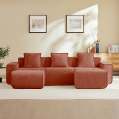 Streamlined Design Modular 3 Seat U Shape Sectional Boneless Sofa with French Edge Piping, No Assembly Required,3-Seat Sofa Couch with Throw Pillows and 2 Movable Ottomans, Velvet Fabric Red