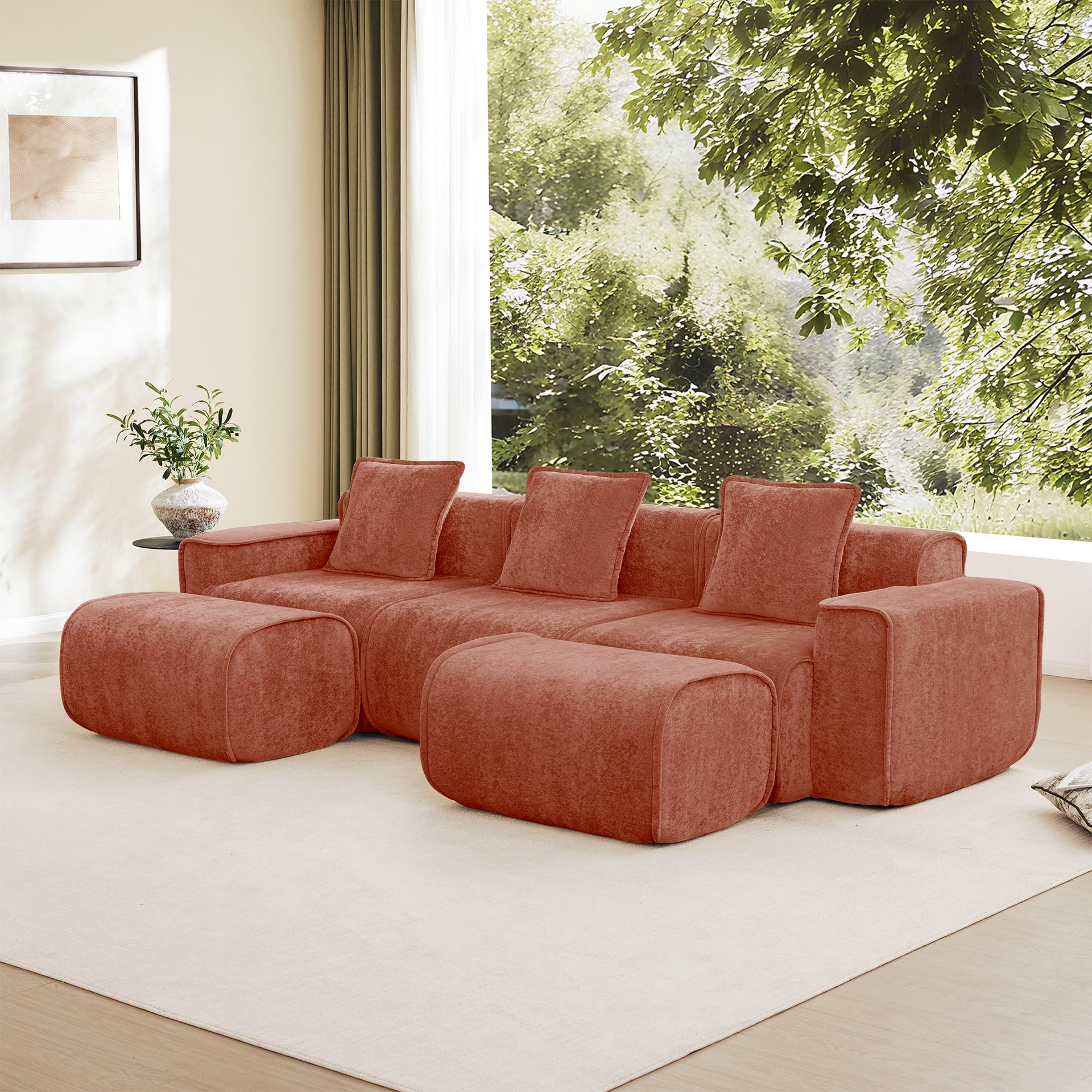 Streamlined Design Modular 3 Seat U Shape Sectional Boneless Sofa with French Edge Piping, No Assembly Required,3-Seat Sofa Couch with Throw Pillows and 2 Movable Ottomans, Velvet Fabric Red