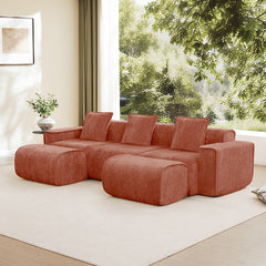 Streamlined Design Modular 3 Seat U Shape Sectional Boneless Sofa with French Edge Piping, No Assembly Required,3-Seat Sofa Couch with Throw Pillows and 2 Movable Ottomans, Velvet Fabric Red