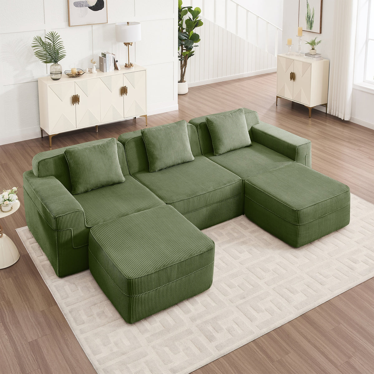 Modular 3 Seat U Shape Sectional Boneless Sofa, Cloud Sectional Couch with Deep Seat, Modern Modular 3-Seat Sofa Couch with Throw Pillows and 2 Movable Ottomans, Corduroy Fabric Green