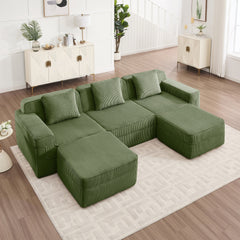 Modular 3 Seat U Shape Sectional Boneless Sofa, Cloud Sectional Couch with Deep Seat, Modern Modular 3-Seat Sofa Couch with Throw Pillows and 2 Movable Ottomans, Corduroy Fabric Green