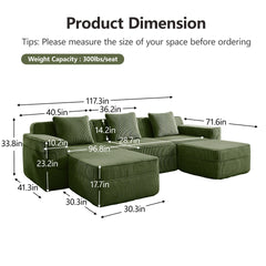 Modular 3 Seat U Shape Sectional Boneless Sofa, Cloud Sectional Couch with Deep Seat, Modern Modular 3-Seat Sofa Couch with Throw Pillows and 2 Movable Ottomans, Corduroy Fabric Green