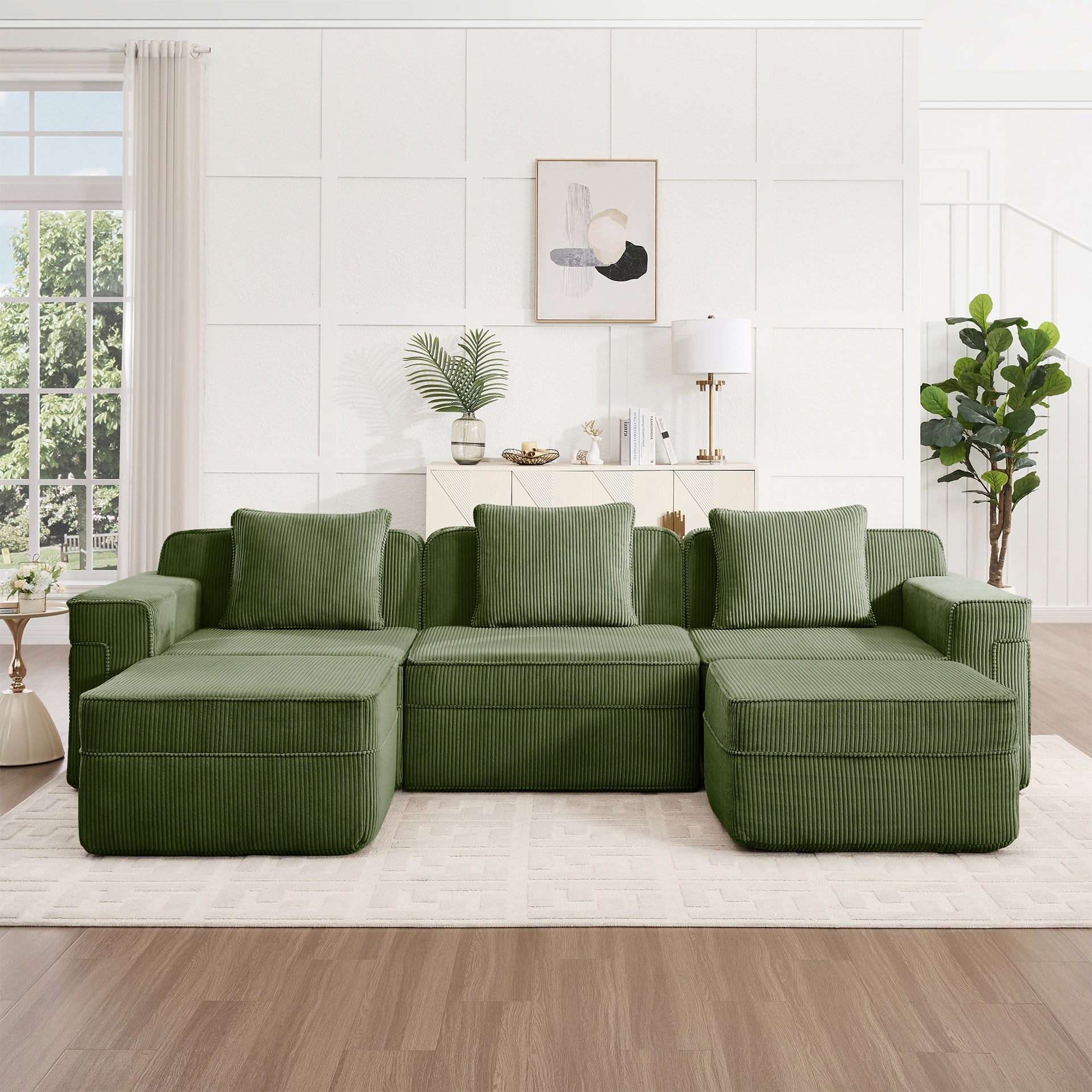 Modular 3 Seat U Shape Sectional Boneless Sofa, Cloud Sectional Couch with Deep Seat, Modern Modular 3-Seat Sofa Couch with Throw Pillows and 2 Movable Ottomans, Corduroy Fabric Green
