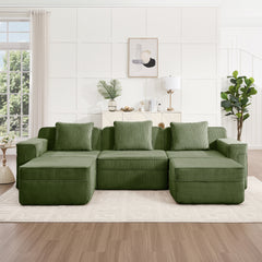 Modular 3 Seat U Shape Sectional Boneless Sofa, Cloud Sectional Couch with Deep Seat, Modern Modular 3-Seat Sofa Couch with Throw Pillows and 2 Movable Ottomans, Corduroy Fabric Green