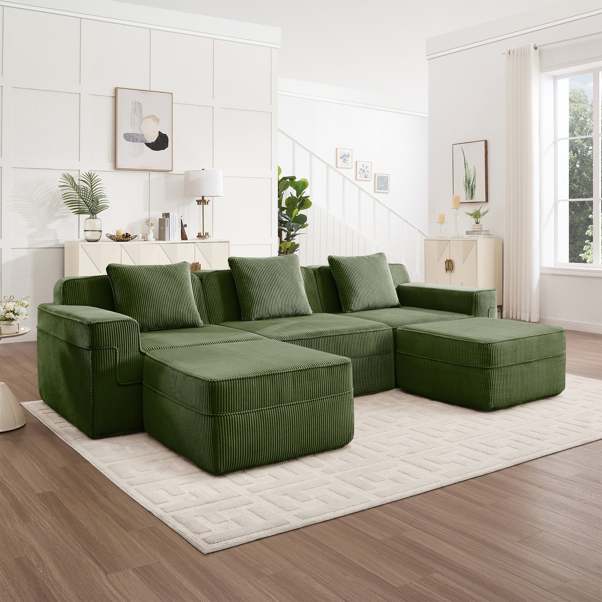 Modular 3 Seat U Shape Sectional Boneless Sofa, Cloud Sectional Couch with Deep Seat, Modern Modular 3-Seat Sofa Couch with Throw Pillows and 2 Movable Ottomans, Corduroy Fabric Green