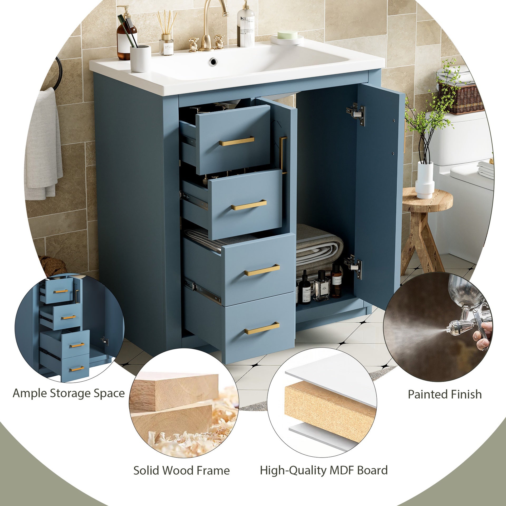 30'' Bathroom Vanity with Ceramic Sink Combo,Solid Wood Frame Bathroom Storage Cabinet, Freestanding Vanity Set with 3 Drawers& Soft Closing Doors