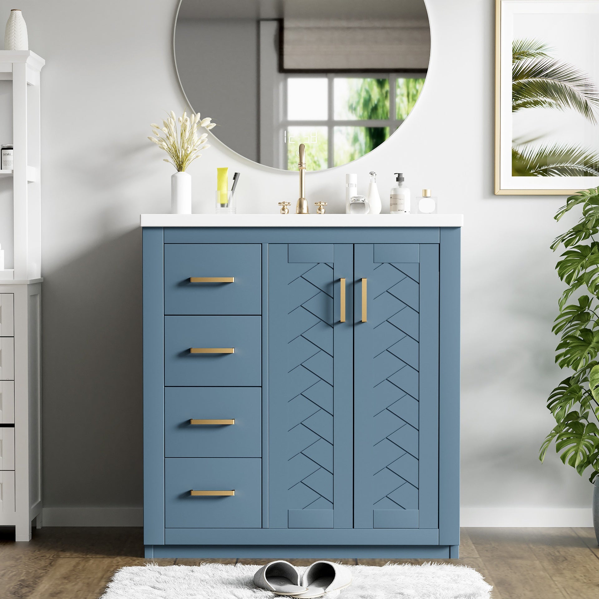 30'' Bathroom Vanity with Ceramic Sink Combo,Solid Wood Frame Bathroom Storage Cabinet, Freestanding Vanity Set with 3 Drawers& Soft Closing Doors