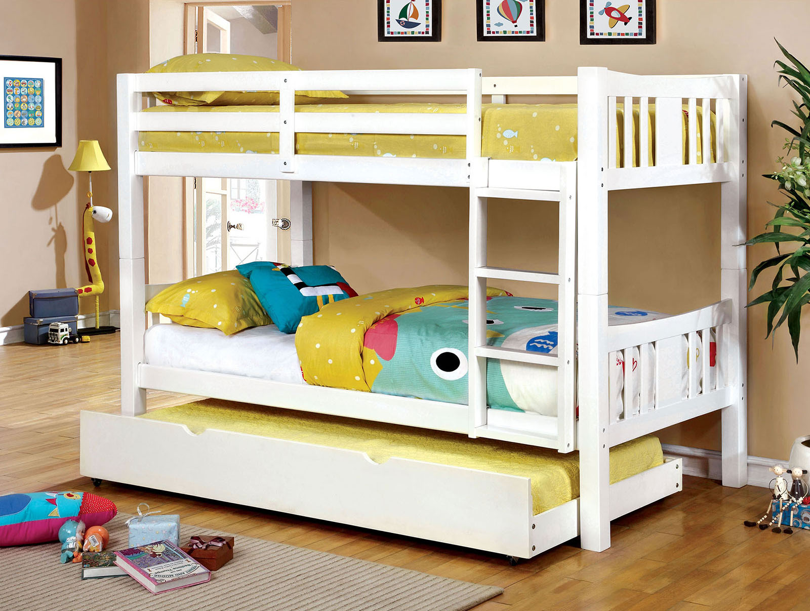 Transitional Style Wooden Bunk Bed Twin Over Twin Attached Footboard Ladder Rails And Lock Joint White  Trundle-Not Included