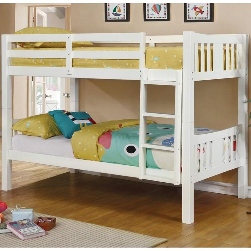 Transitional Style Wooden Bunk Bed Twin Over Twin Attached Footboard Ladder Rails And Lock Joint White  Trundle-Not Included