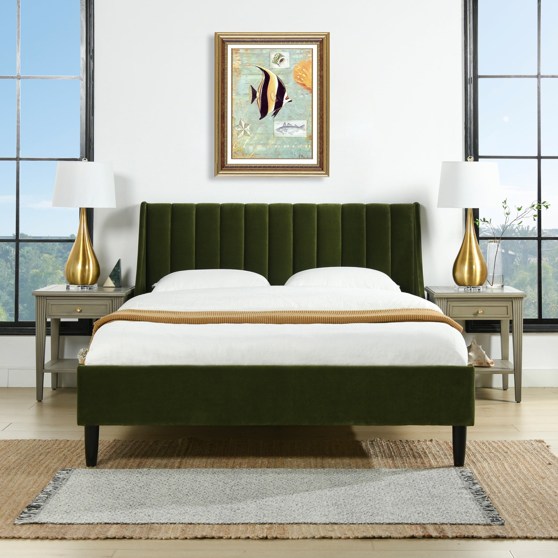 Aspen Vertical Tufted Modern Headboard Platform Bed Set, Queen, Olive Green Performance Velvet