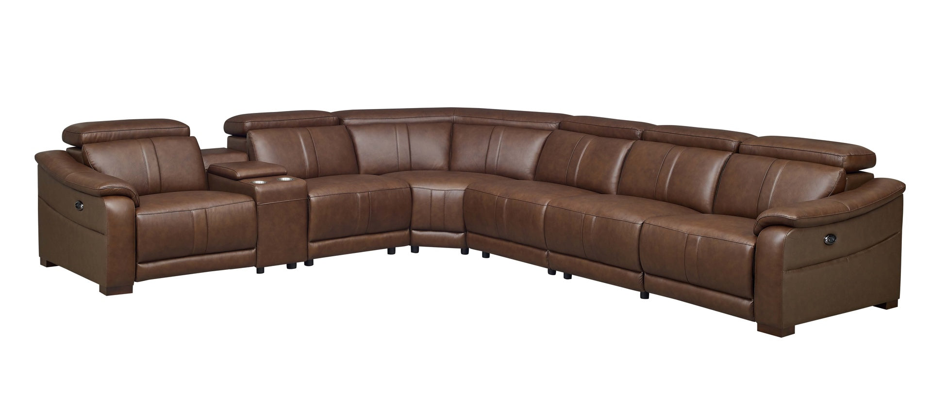 Leather Match Modular Sectional with Recliner Seat and Adjustable Headrest and Storage Console with Cup Holders