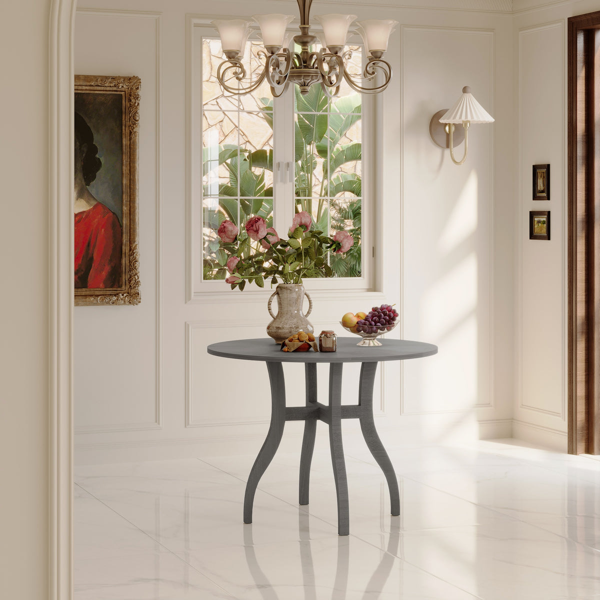 Oak Gray Round Dining Table 39.4" – Traditional Solid Wood Legs, Timeless Elegance, Ideal Focal Point for Family Gatherings