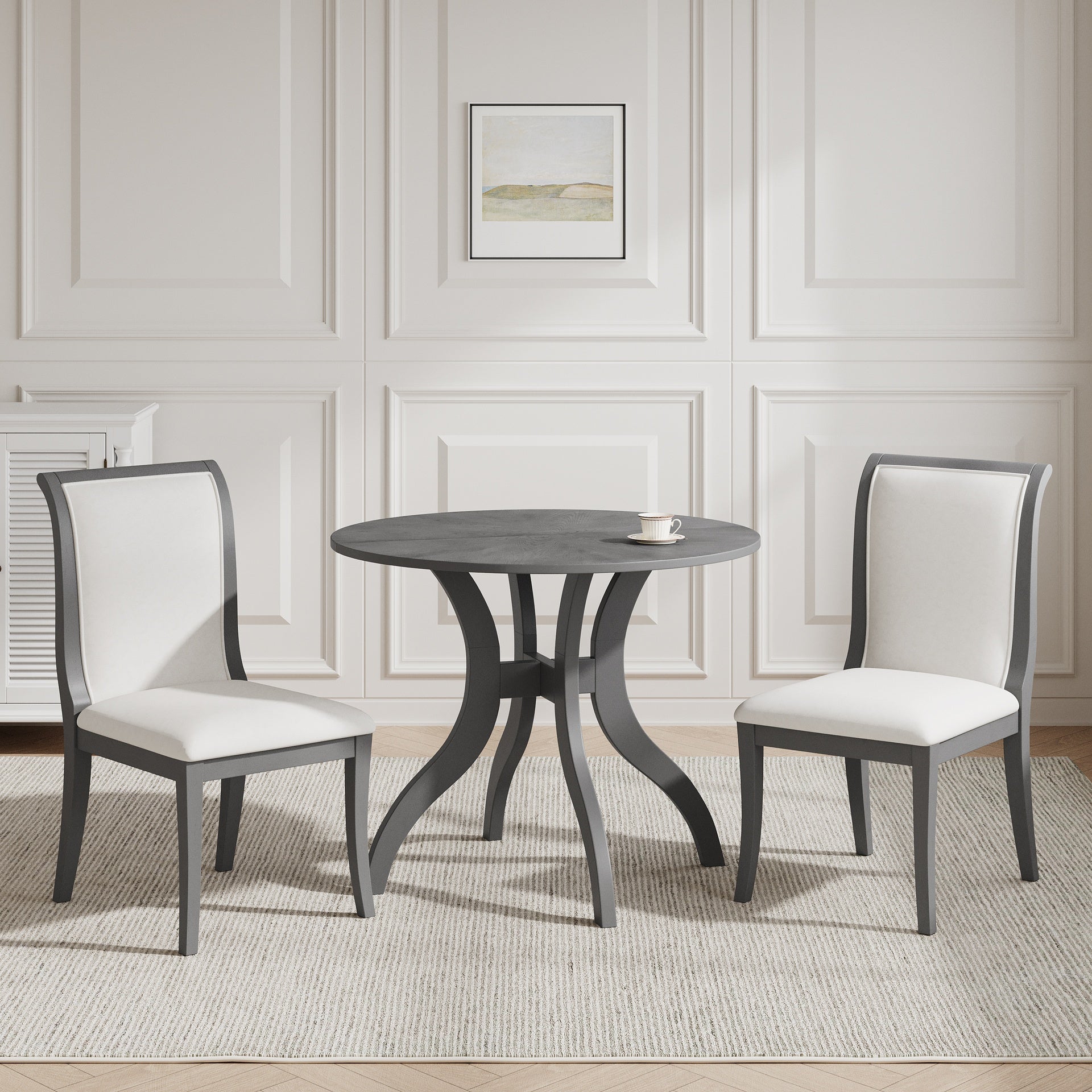 Oak Gray Dining Table Set:39.4" Round Table + 2 Chairs - Traditional Solid Wood Kitchen Set with Inlaid Tabletop, Elegant Curved Legs for Dining Room