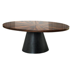 Contemporary Style Oval Coffee Table Parquet Pattern Top Drum Base Black Finish Primary Living Room