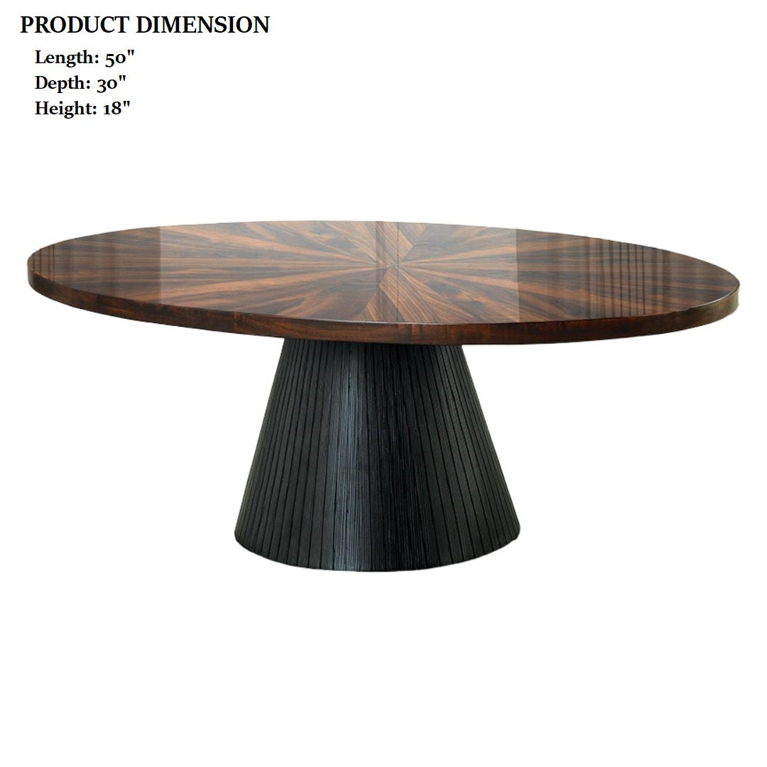 Contemporary Style Oval Coffee Table Parquet Pattern Top Drum Base Black Finish Primary Living Room