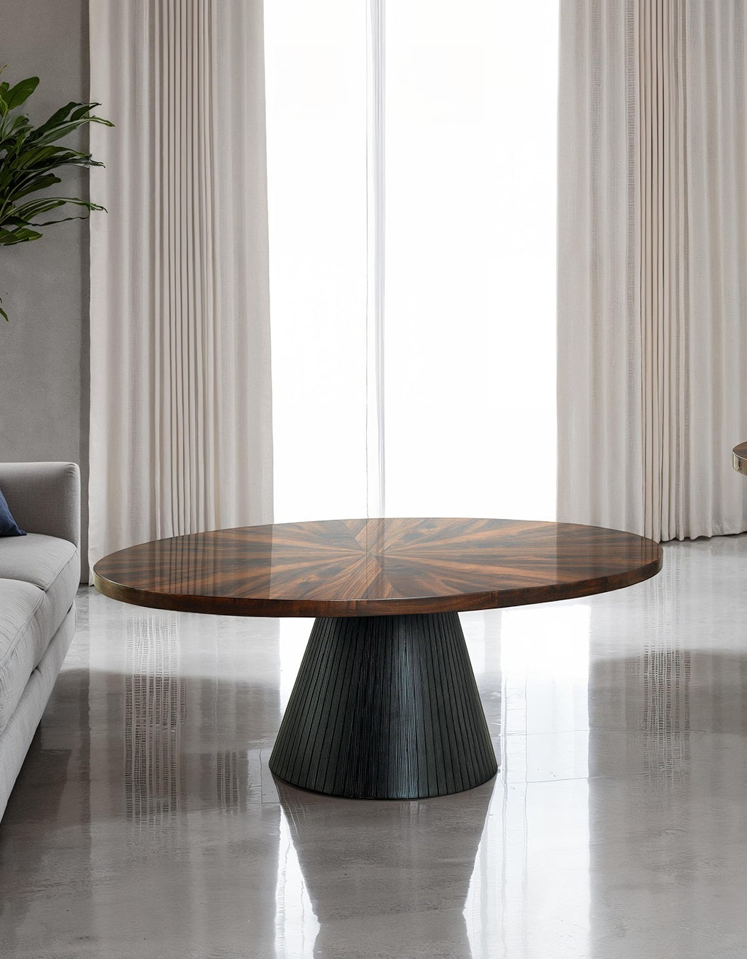 Contemporary Style Oval Coffee Table Parquet Pattern Top Drum Base Black Finish Primary Living Room