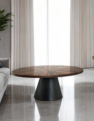 Contemporary Style Oval Coffee Table Parquet Pattern Top Drum Base Black Finish Primary Living Room