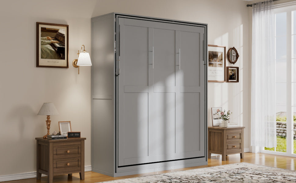 Rotating Queen Murphy Bed with Hidden Storage Racks, Space-Saving Multifunctional Wall Bed for Home Office & Small Rooms, Gray