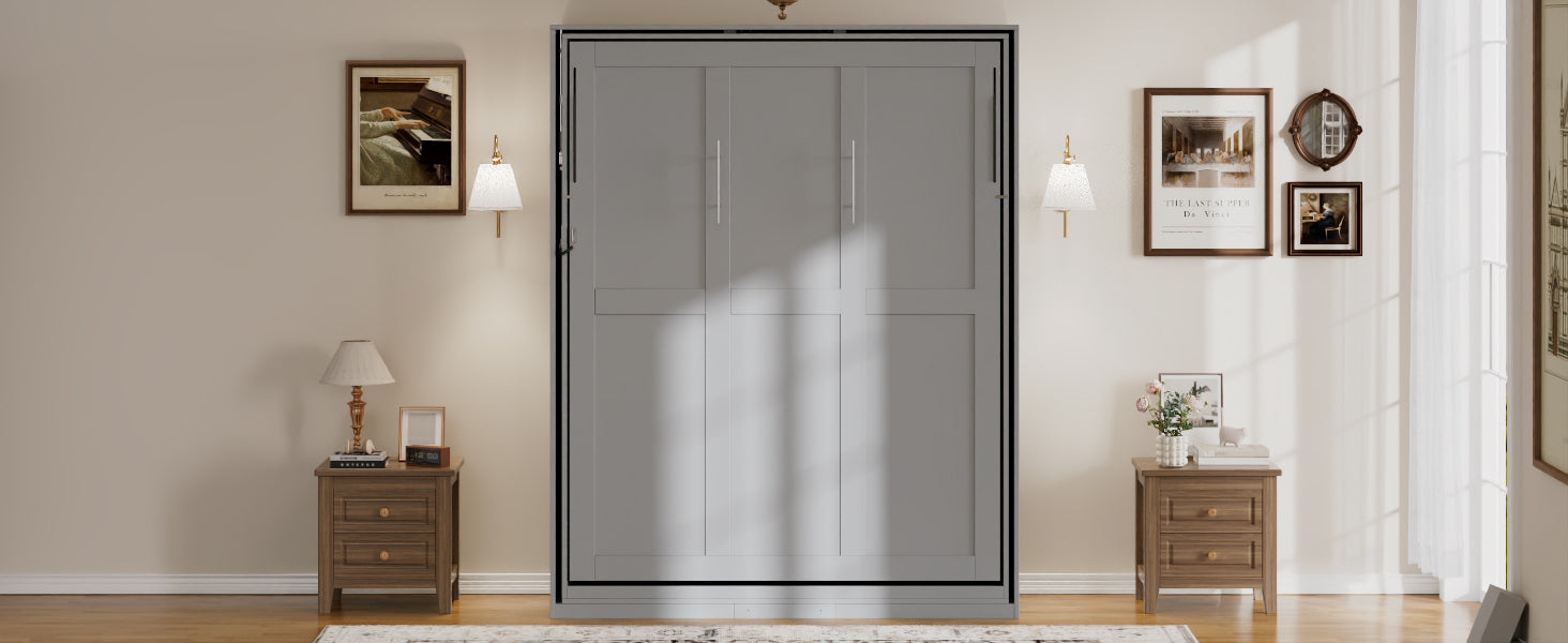 Rotating Queen Murphy Bed with Hidden Storage Racks, Space-Saving Multifunctional Wall Bed for Home Office & Small Rooms, Gray