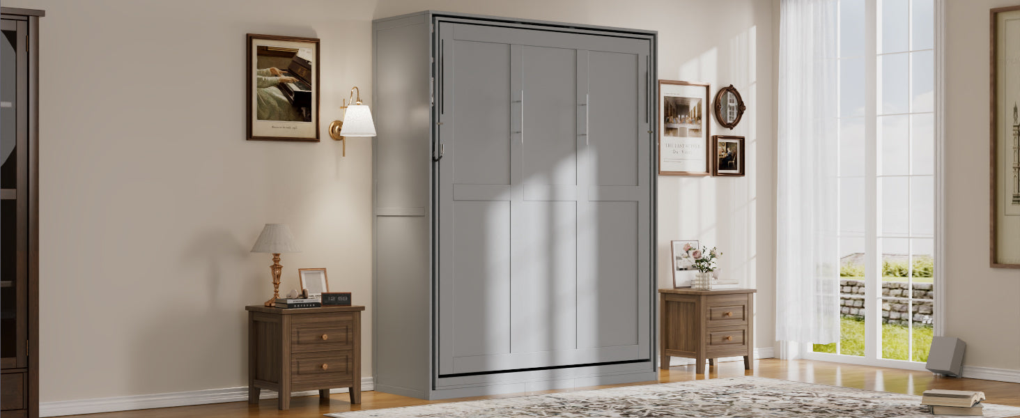 Rotating Queen Murphy Bed with Hidden Storage Racks, Space-Saving Multifunctional Wall Bed for Home Office & Small Rooms, Gray