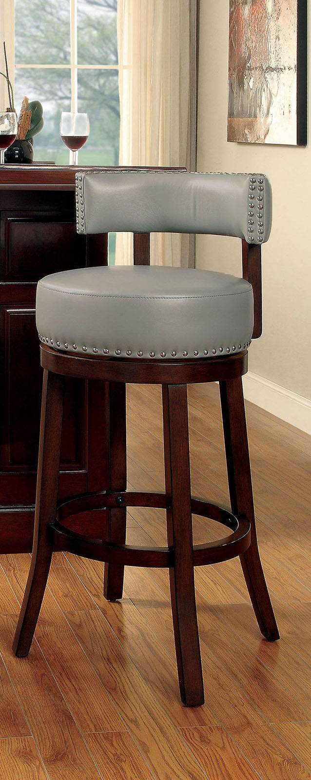 Bar Chairs 2pc 30" Supported On Rich Dark Wooden Legs The Fabric Padded Seats And Backrests Provide Comfortable Seating Dark Oak / Gray