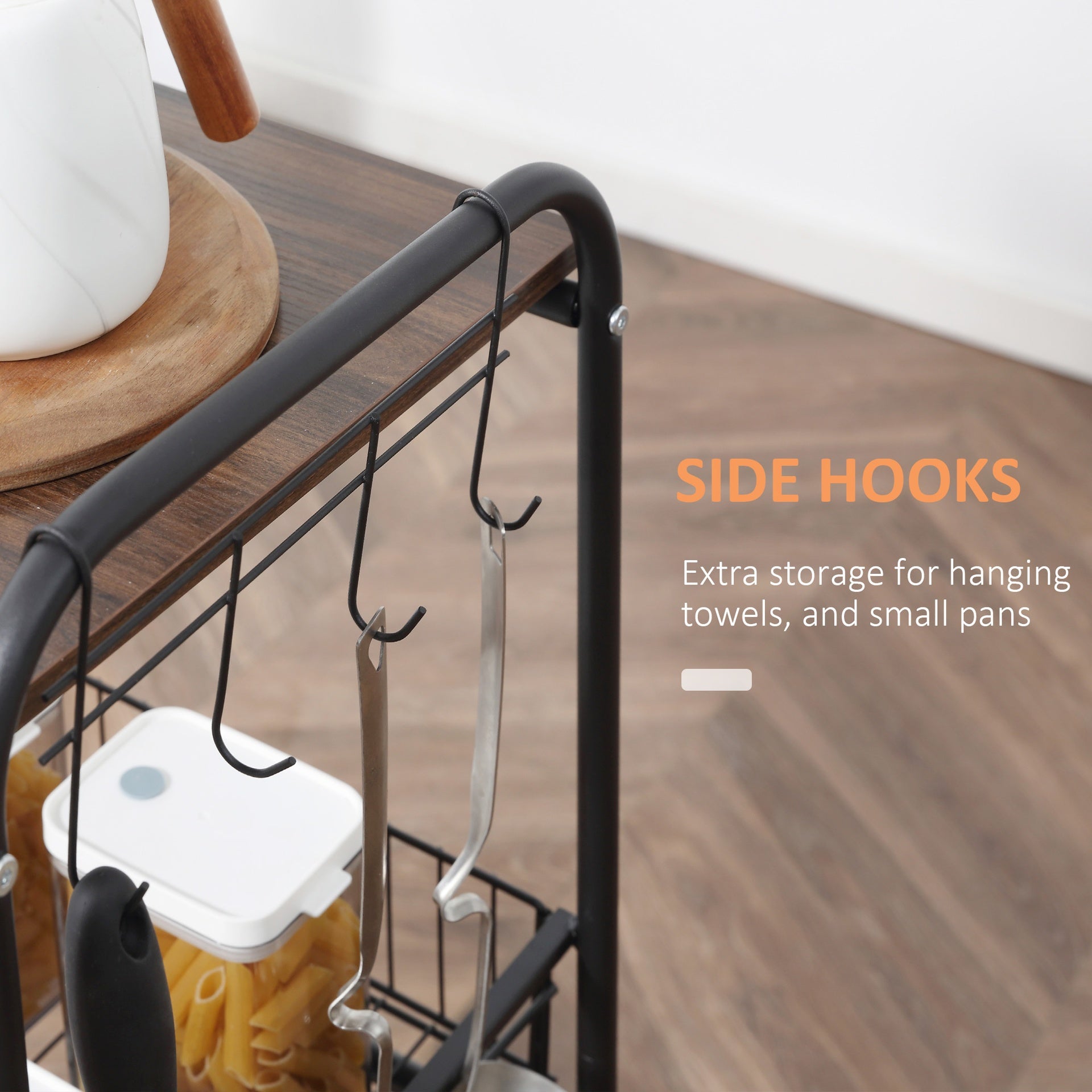HOMCOM 3 Tier Rolling Kitchen Cart with Storage, Kitchen Island Cart on Wheels with 2 Sliding Fruit Basket, Microwave Cart with Side Hooks for Dining Room, Walnut