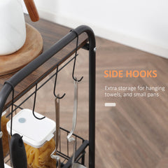 HOMCOM 3 Tier Rolling Kitchen Cart with Storage, Kitchen Island Cart on Wheels with 2 Sliding Fruit Basket, Microwave Cart with Side Hooks for Dining Room, Walnut