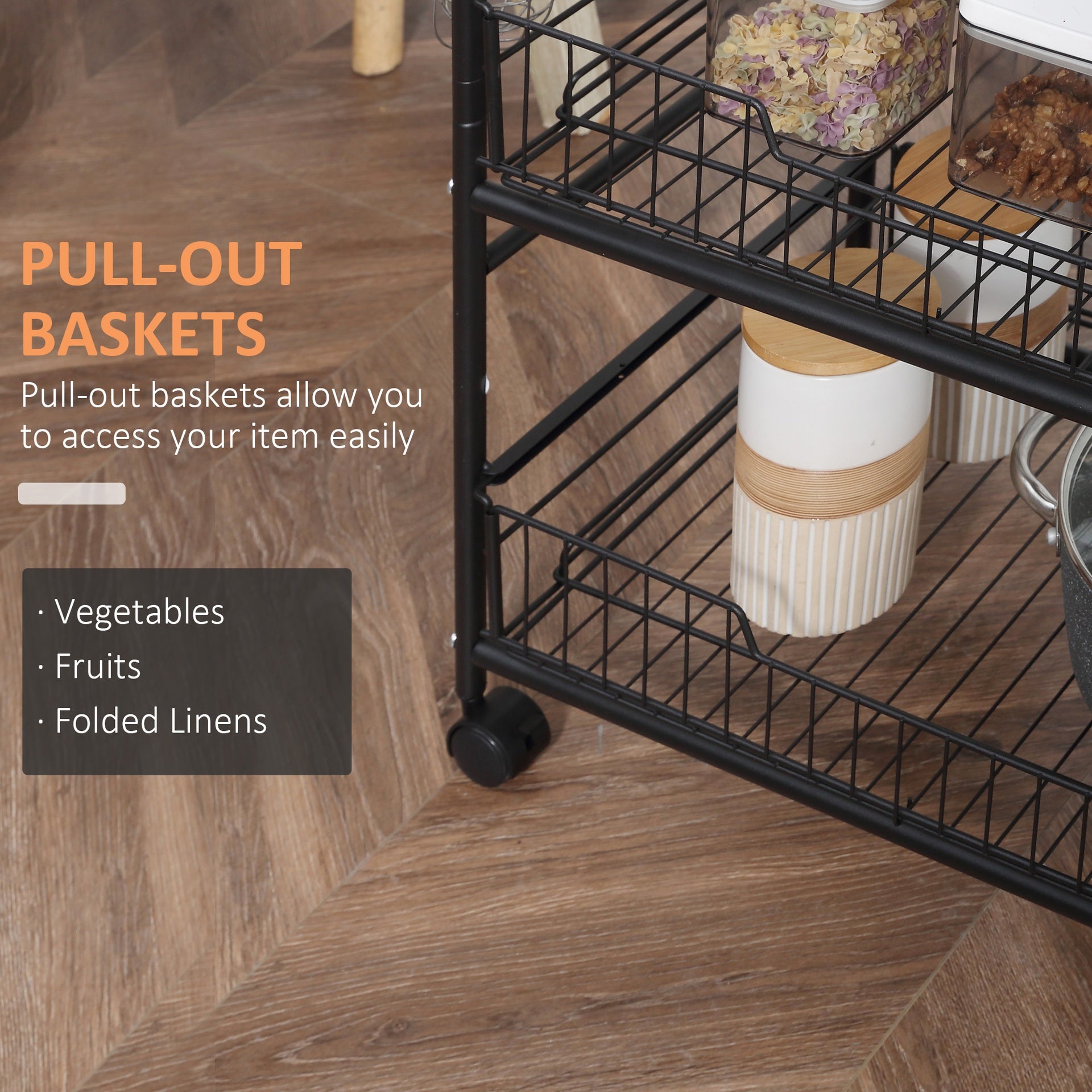HOMCOM 3 Tier Rolling Kitchen Cart with Storage, Kitchen Island Cart on Wheels with 2 Sliding Fruit Basket, Microwave Cart with Side Hooks for Dining Room, Walnut