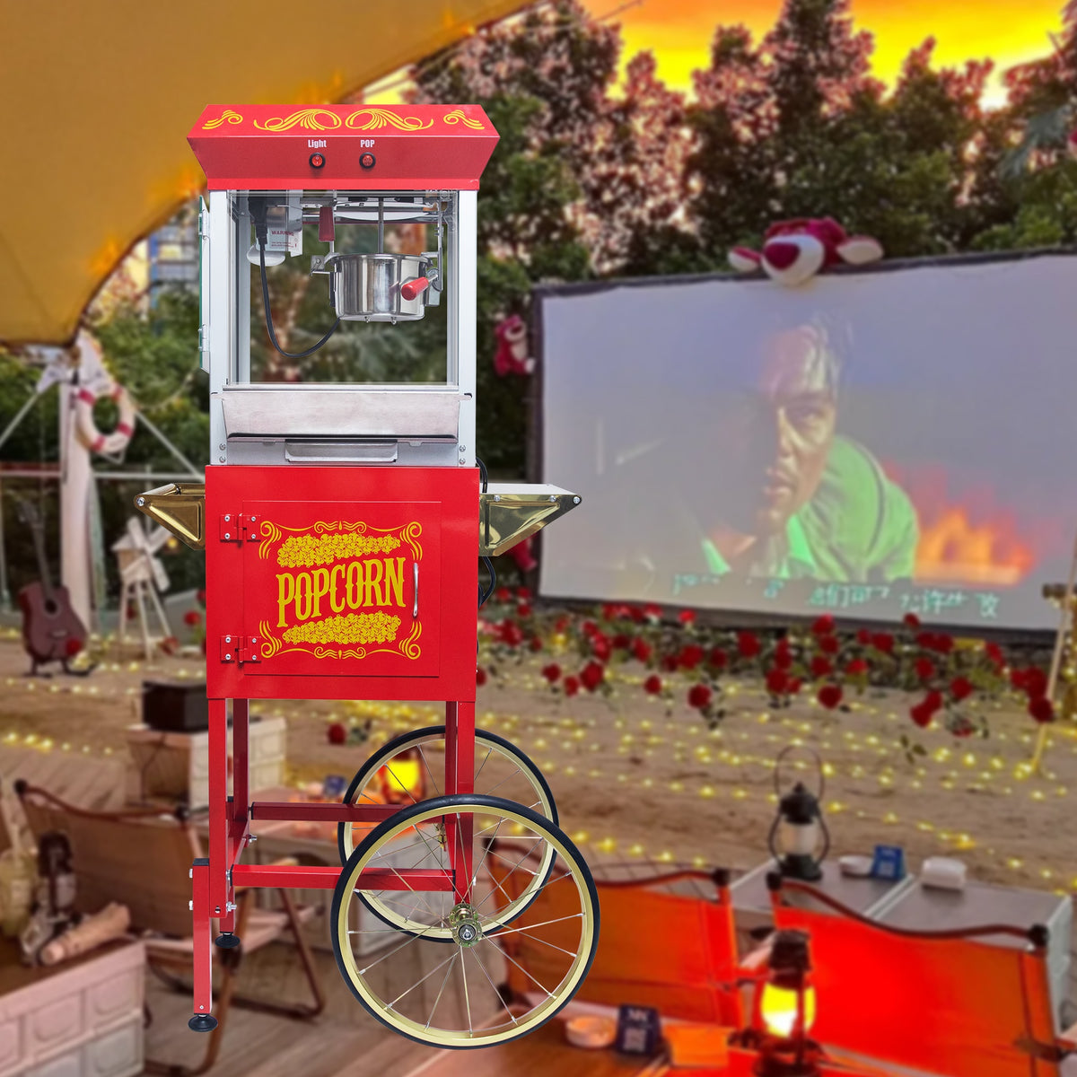 Popcorn Machine with Cart – 8oz Popper with Stainless-steel Kettle, Heated Warming Deck, and Old Maids Drawer,Red