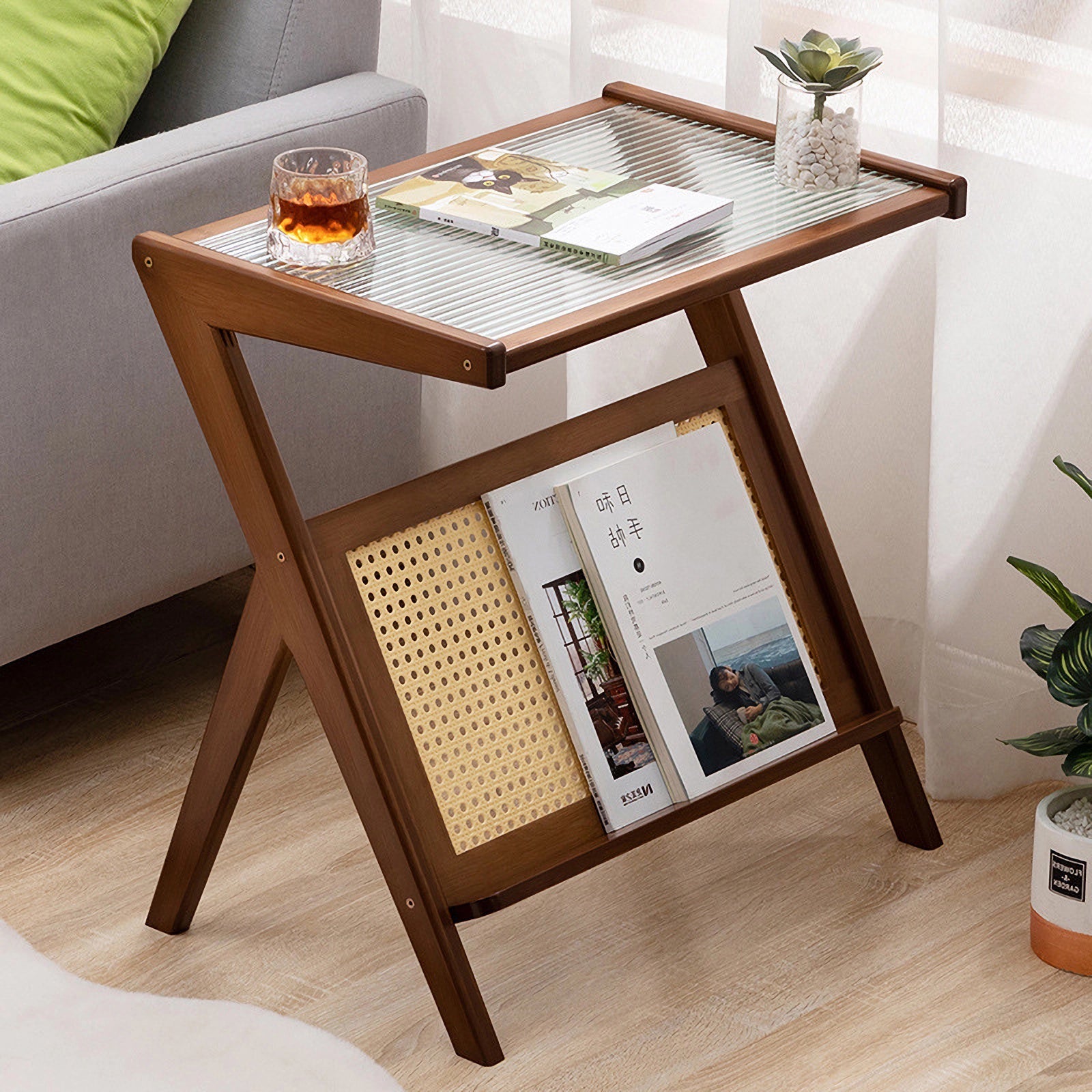 Rattan Nightstand Side Table, Bamboo Accent Bedside Tables, Glass Coffee Tables, Boho End Table with Storage for Small Space Living Room Bedroom, Brown