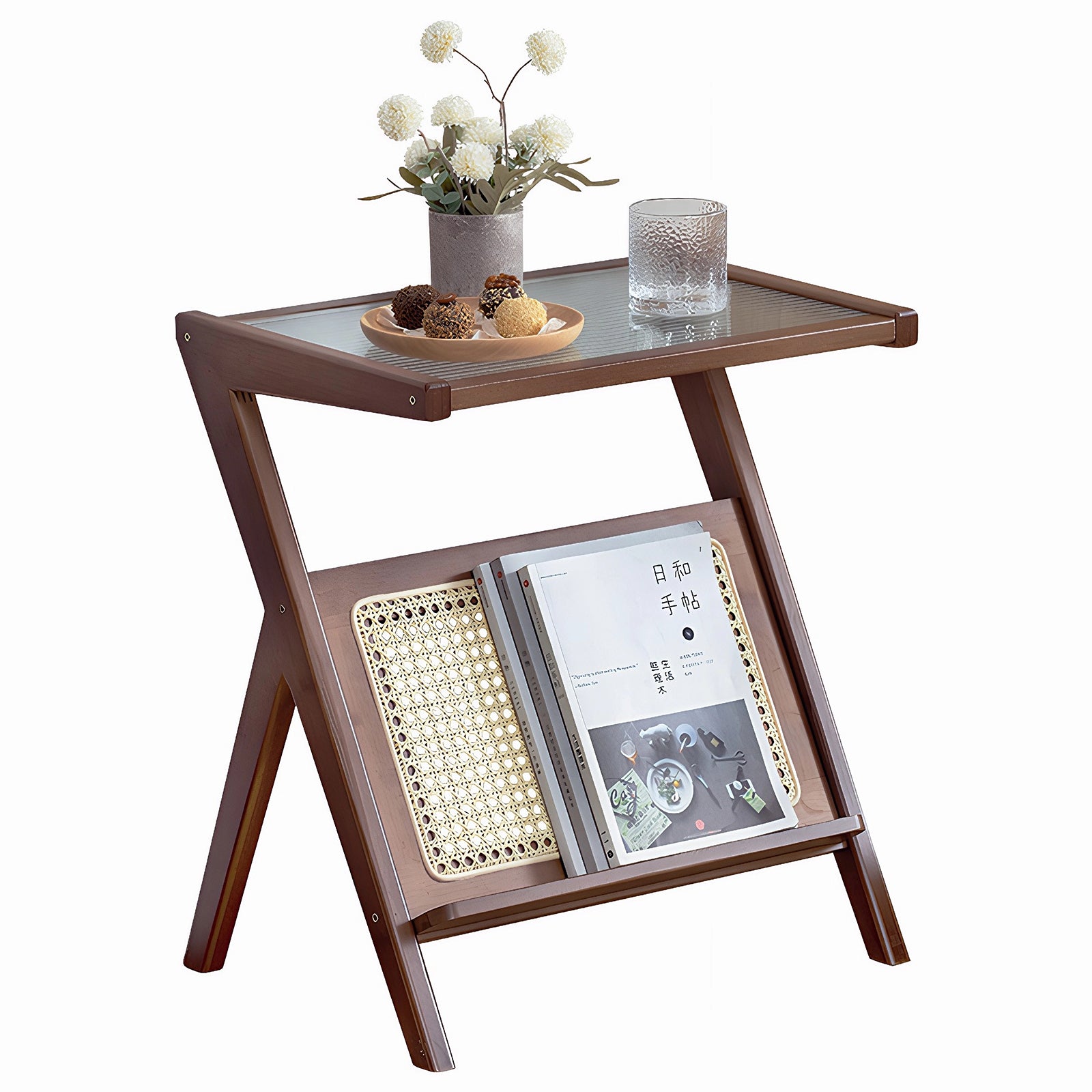 Rattan Nightstand Side Table, Bamboo Accent Bedside Tables, Glass Coffee Tables, Boho End Table with Storage for Small Space Living Room Bedroom, Brown