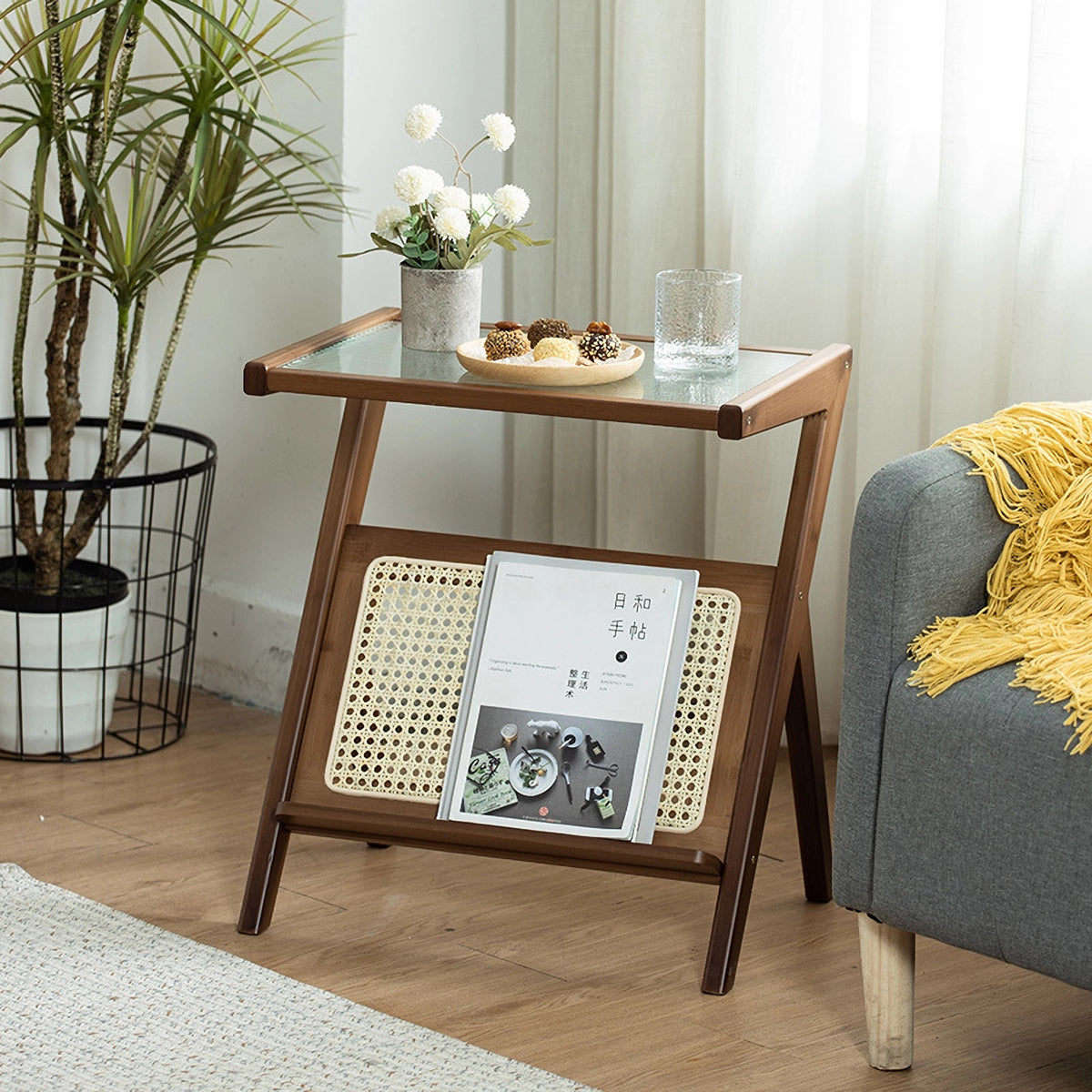 Rattan Nightstand Side Table, Bamboo Accent Bedside Tables, Glass Coffee Tables, Boho End Table with Storage for Small Space Living Room Bedroom, Brown