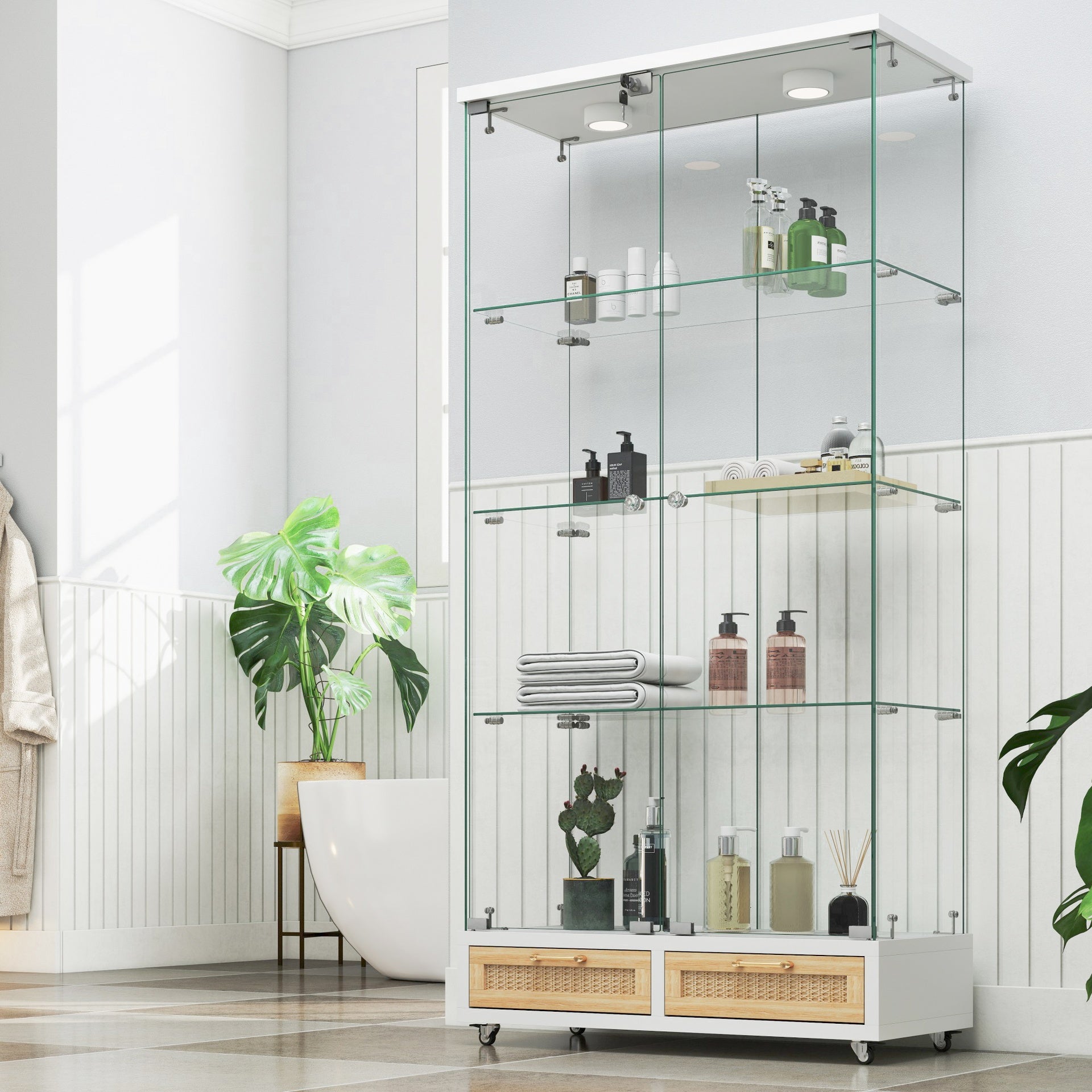 Modern Glass Display Cabinet with Large Drawers,Quick-assembly Antique Cabinet with LED lights,empered Glass Bookshelf,2-Door Storage Case with 4 Shelves for Living Room and Bedroom,white and natural