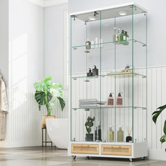 Modern Glass Display Cabinet with Large Drawers,Quick-assembly Antique Cabinet with LED lights,empered Glass Bookshelf,2-Door Storage Case with 4 Shelves for Living Room and Bedroom,white and natural